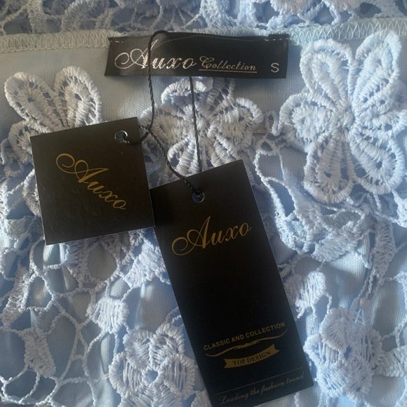 NWT AUXO COLLECTION BLUE OFF SHOULDER LACE/CROCHET DRESS SMALL - Picture 7 of 10